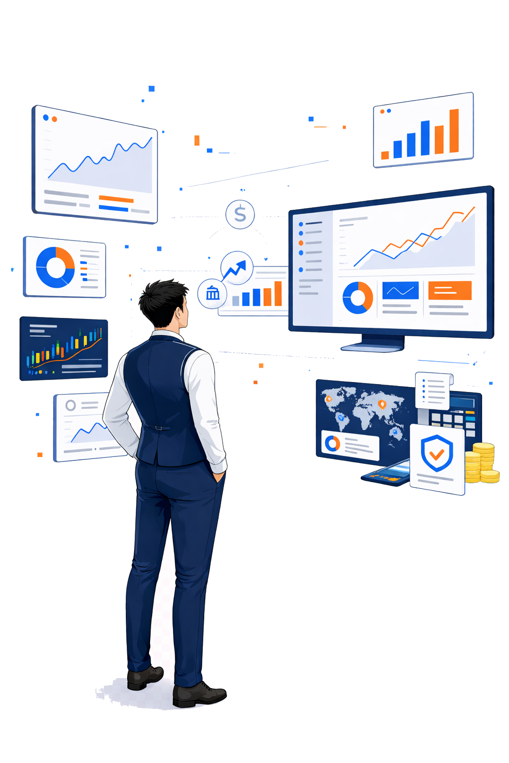 Isometric illustration of a CFO reviewing financial dashboards